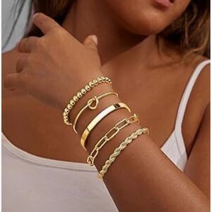 14K Gold Plated Trendy Tie Knot Cuban Rope Paperclip Bracelet Stack